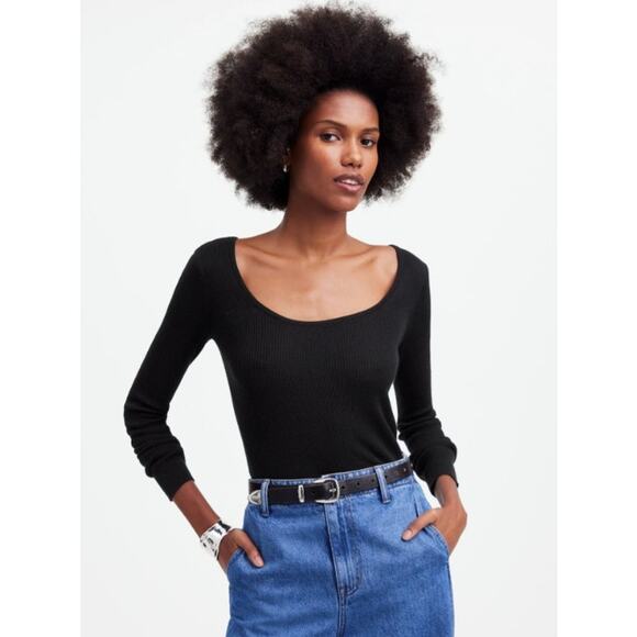 NWT Madewell True Black Merino Wool-Silk Blend Scoopneck Sweater Womens Large - Picture 1 of 8